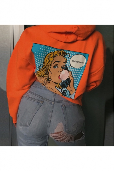 Vintage Orange Cartoon Print Back Long Sleeves Pullover Hoodie with Pocket