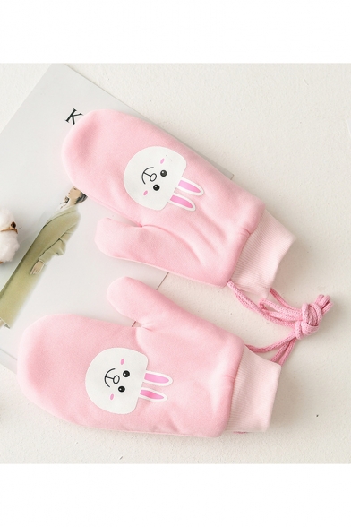 Warm Plush Cartoon Bunny Printed Thick Mittens Cycling Gloves with String