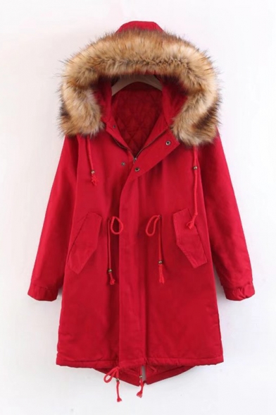 Winter's Warm Fur Hooded Long Sleeve Drawstring Waist Zip Up Longline Cotton-Padded Coat