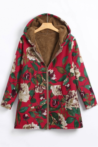 Antique Long Sleeve Floral Printed Thick Zip Front Hooded Coat