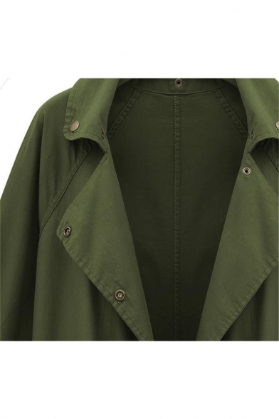 Army Green Long Sleeve Lapel Collar Split Back Plain Single Breasted Tunics Trench Coat