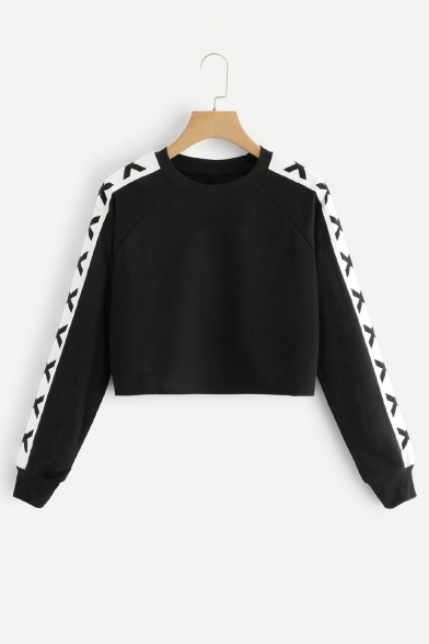 Black Crewneck Contrast Striped Long Sleeve Cropped Loose Leisure Sweatshirt