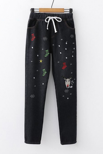 Chic Christmas Deer Embroidered Elastic Waist Thick Jeans