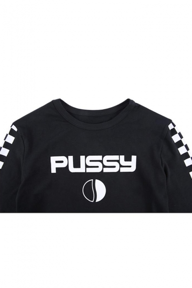 Chic Letter PUSSY Printed Checkerboard Long Sleeve Crewneck Black Cotton Slim Cropped T-Shirt