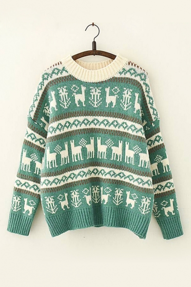 Christmas Lovely Cartoon Deer Pattern Crewneck Long Sleeve Warm Sweater