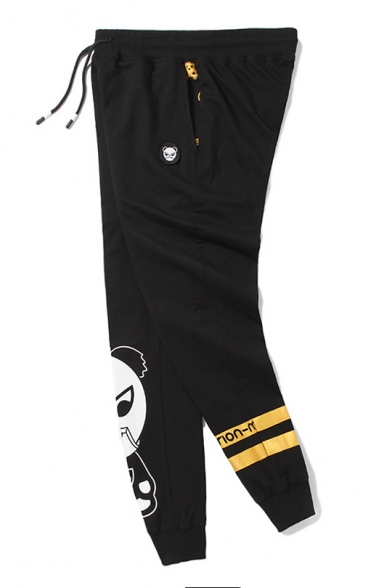 Cute Black Cotton Panda Cartoon Drawstring Waist Sport Pants