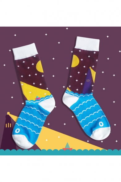 Cute Design Colorblock Ocean Cotton Calf High Blue Socks