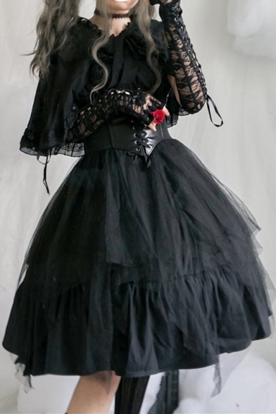 Cute Lolita Style Ruffle Trimmed Strap Layered Mesh Panneled Midi A-Line Slip Babydoll Dress