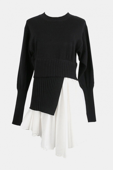 Designer's Unique Round Neck Long Sleeve Irregular Patchwork Mini Black Sweater Dress