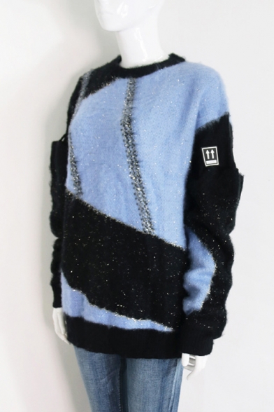 Fashion Blue and Black Colorblock Two-Tone Long Sleeve Crewneck Mohair Sweater