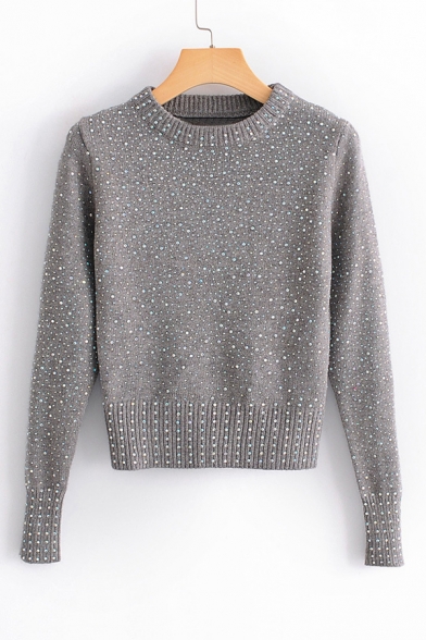 Fashion Long Sleeve Round Neck Drill Embellished Fitted Sweater