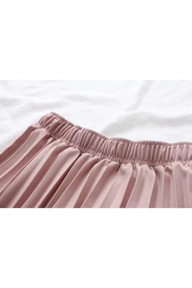 Fresh Plain Elastic Waist Stylish Midi Pleated Skirts