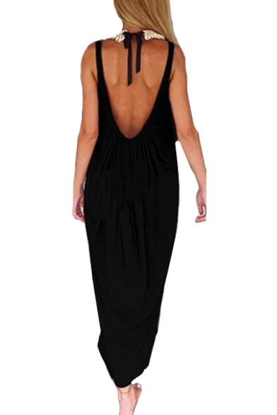 Hot Fashion Basic Solid Scoop Neck Sexy Open Back Maxi Beach Tank Dress