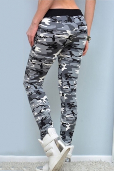 Hot Popular Classic Camo Pattern Drawstring Waist Button Front Skinny Fit Pants