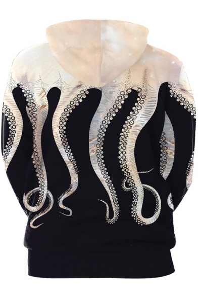 Long Sleeve Octopus Printed Black Unisex Oversize Hoodie