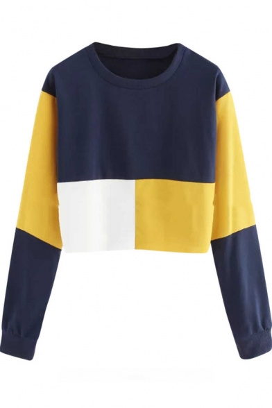 Leisure Long Sleeve Round Neck Colorblock Cropped Pullover Sweatshirt
