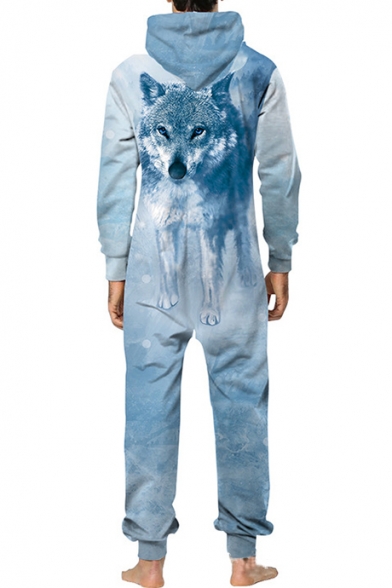 Light Blue 3D Wolf Pattern Zip Front Long Sleeve Hooded Jumpsuits