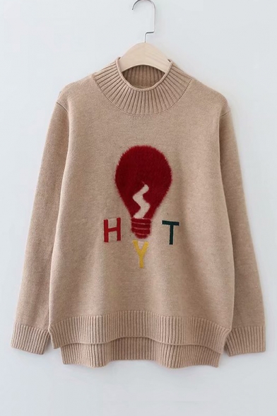 Long Sleeve Mock Neck Bulb Letter Embroidered Loose Sweater