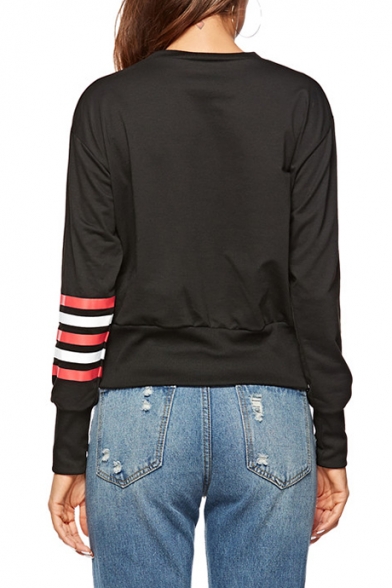 Long Sleeve Round Neck Stripes Printed Black Slim Sweatshirt