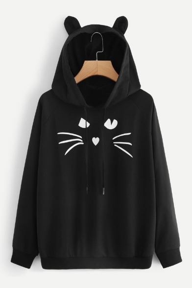 Lovely Cartoon Cat Pattern Long Sleeve Black Casual Cartoon Ear Hoodie