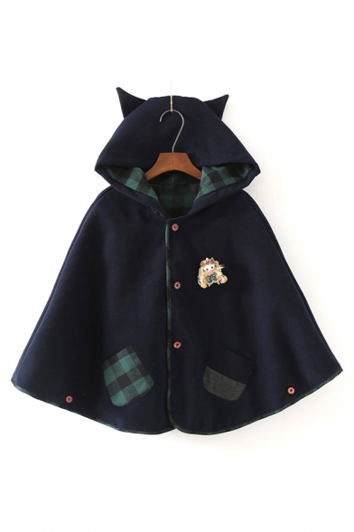 Lovely Cartoon Doll Embellished Plaid Patchwork Cat Ear Hooded Cape Coat for Juniors