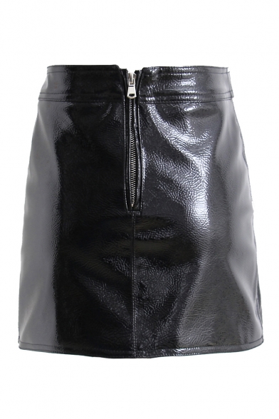 New Arrival Street Style Black Zip Back Solid PU Mini Bodycon Skirt