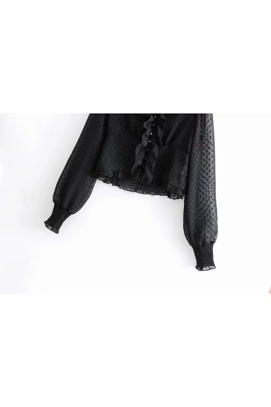 Polka Dot Printed V-Neck Chic Ruffle Trimmed Long Sleeve Sheer Black Blouse