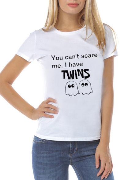 Simple Letter TWINS Cartoon Printed Short Sleeve Round Neck White Cotton Tee