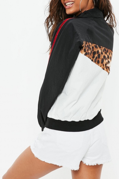 Sporty Black and White Leopard Pattern Patchwork Zip Front Gathered Waist Track Jacket