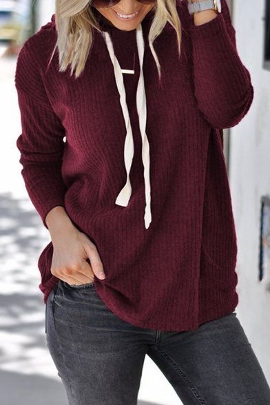 Stylish Long Sleeve Plain Plain Drawstring Hooded Sweater