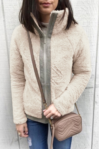 Warm Long Sleeve Contrast Trim Stand Collar Zipper Faux Fur Coat
