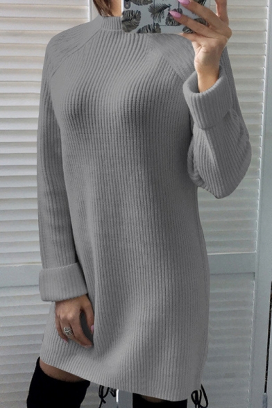 Warm-Up Simple Long Sleeve Plain Mock Neck Mini Shift Dress