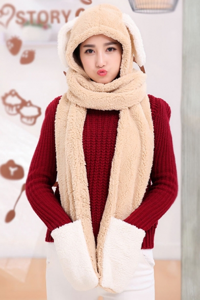 Winter's Cute Cartoon Bunny Ear Design Colorblock Woolen Gloves Hat Scarf Set