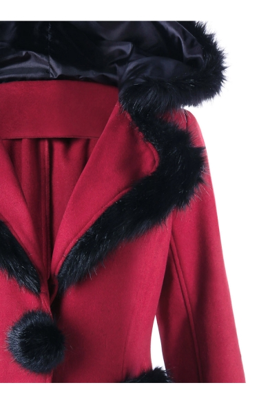 Winter's Hot Fashion Fur Trimmed Pompom Embellished Hooded Long Sleeve Christmas Burgundy Woolen Longline Coat