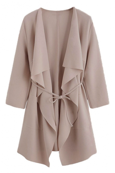 Women's Long Sleeve Cascade Collar Bow-Tied Waist Solid Basic Fashion Trench Coat