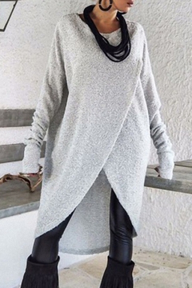 Women's Round Neck Long Sleeve Basic Solid Wrap Split Front Tunic Casual T-Shirt