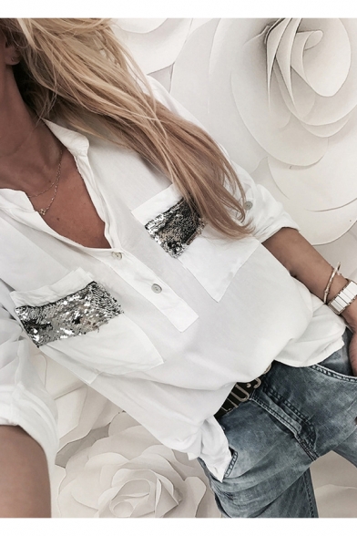 Charming Long Sleeve V Neck Sequined Pockets Button Front White Blouse
