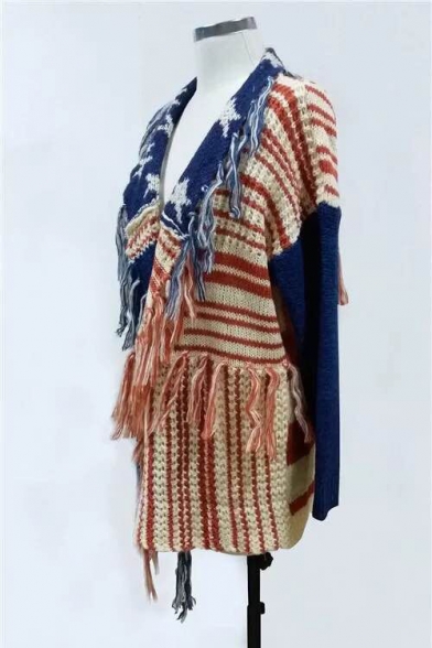 Chic Color Block Striped Print Tassel Hem Long Sleeve Open Front Cozy Relaxed Cardigan