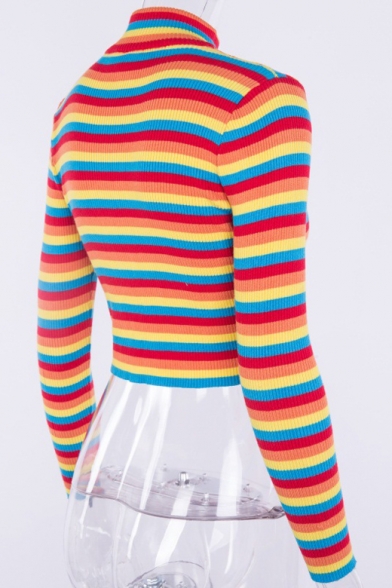 Chic Mock Neck Long Sleeve Colorful Striped Printed Cropped Slim Sweater