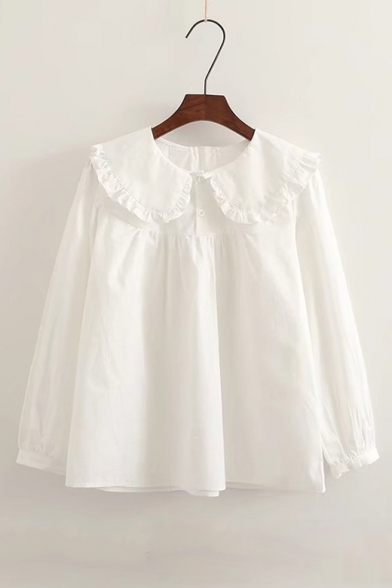 Chic Ruffle Hem Peter-Pan Collar Short Sleeve & Long Sleeve Loose Fitted Blouse