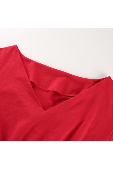 Chic V Neck Long Sleeve Plain Elastic Hem Cropped Red Sweatshirt