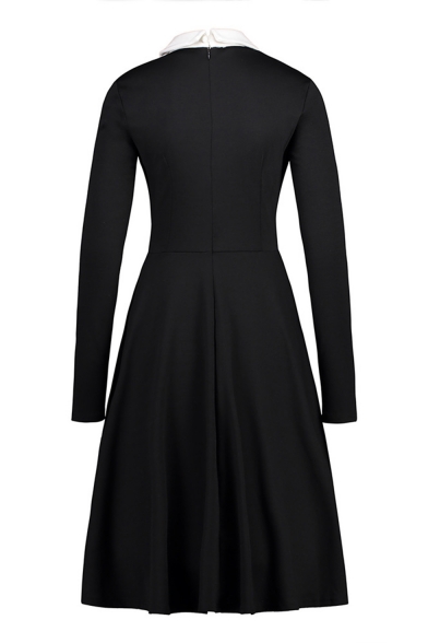 Contrast Collar Zip Back Long Sleeve Fit and Flare Dress