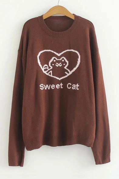 

Crewneck Long Sleeve Cartoon Letter Cat Embroidered Loose Fitted Sweater, Color 1;color 2;color 3