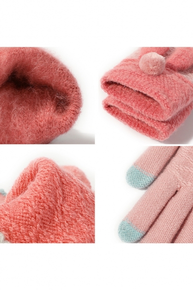 Cute Colorblock Pom Pom Embellished Warm Touchscreen Outdoor Gloves