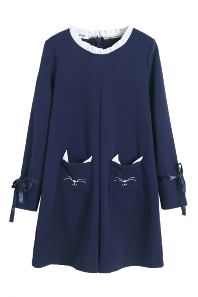 Fashion Contrast Ruffle Round Neck Long Sleeve Cute Cartoon Cat Pocket Mini Swing Dress