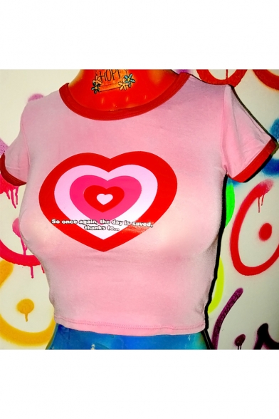 Fashion Heart Printed Round Neck Short Sleeve Cropped Pink Tee