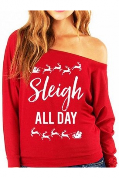 Fashion Red Letter Print One Shoulder Long Sleeve Regular Fit Pullover Tee