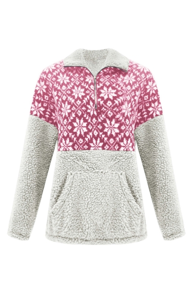 Fashion Snowflake Colorblock Stand Collar Half-Zip Long Sleeve Fleece Sweatshirt