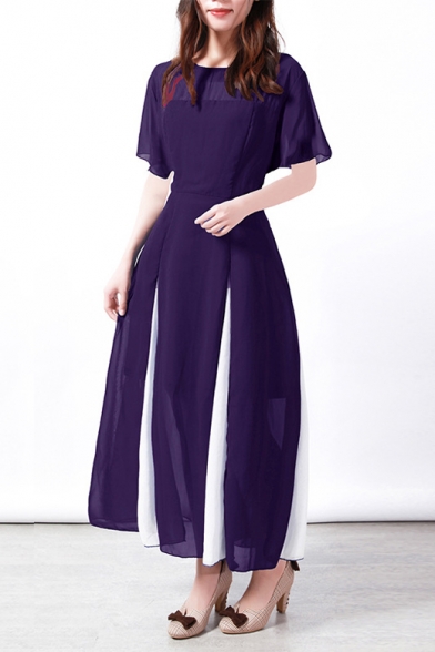 Hot Fashion Round Neck Short Sleeve Two-Tone Hem Maxi A-Line Chiffon Dress