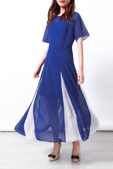 Hot Fashion Round Neck Short Sleeve Two-Tone Hem Maxi A-Line Chiffon Dress